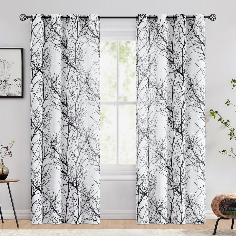 FMFUNCTEX Linen Semi Sheer Curtains for Bedroom, Black White Curtains 96 Inches Long for Living Room, Grey Tree Branch Patterned Curtain Light Filtering Farmhouse Window Drapes, Grommet Top 2 Panels - Image 2